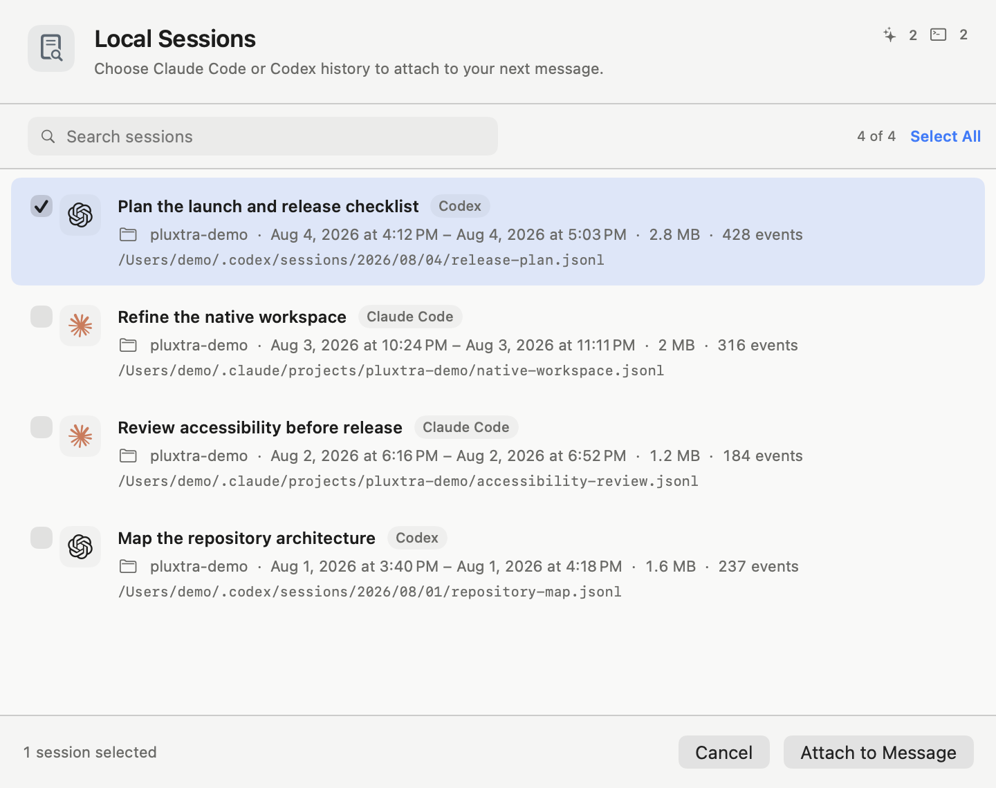 Pluxtra Local Sessions picker with a prior Codex session selected for attachment to the next message